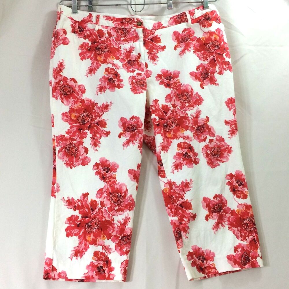 Lands’ End 22W Red Floral Print Cropped Pants Cotton Blend Straight Leg